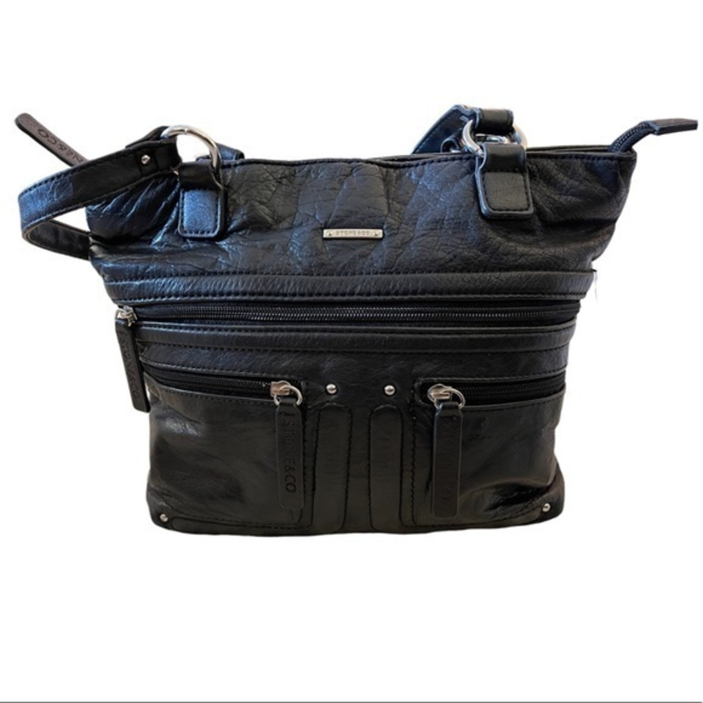 SOFT Leather Textured Medium‎ Black Purse Organized Pockets Silver Hardware